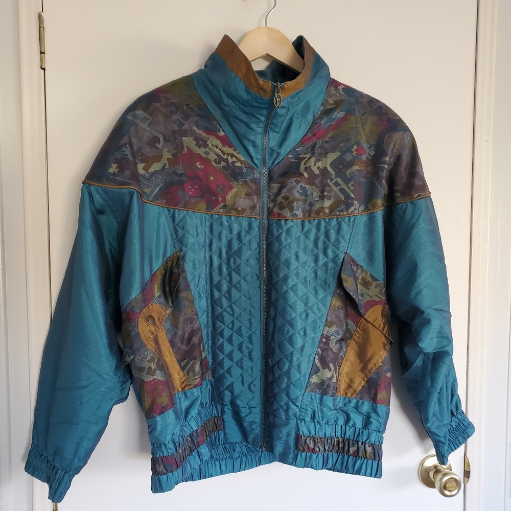 Vintage Lavon Track Jacket Women's M Green Blue Patchwork Full Zip